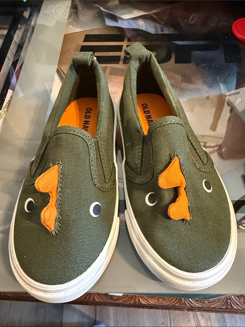 Old Navy Dinosaur Canvas Slip-On Sneakers Green Orange Toddler Size 7
